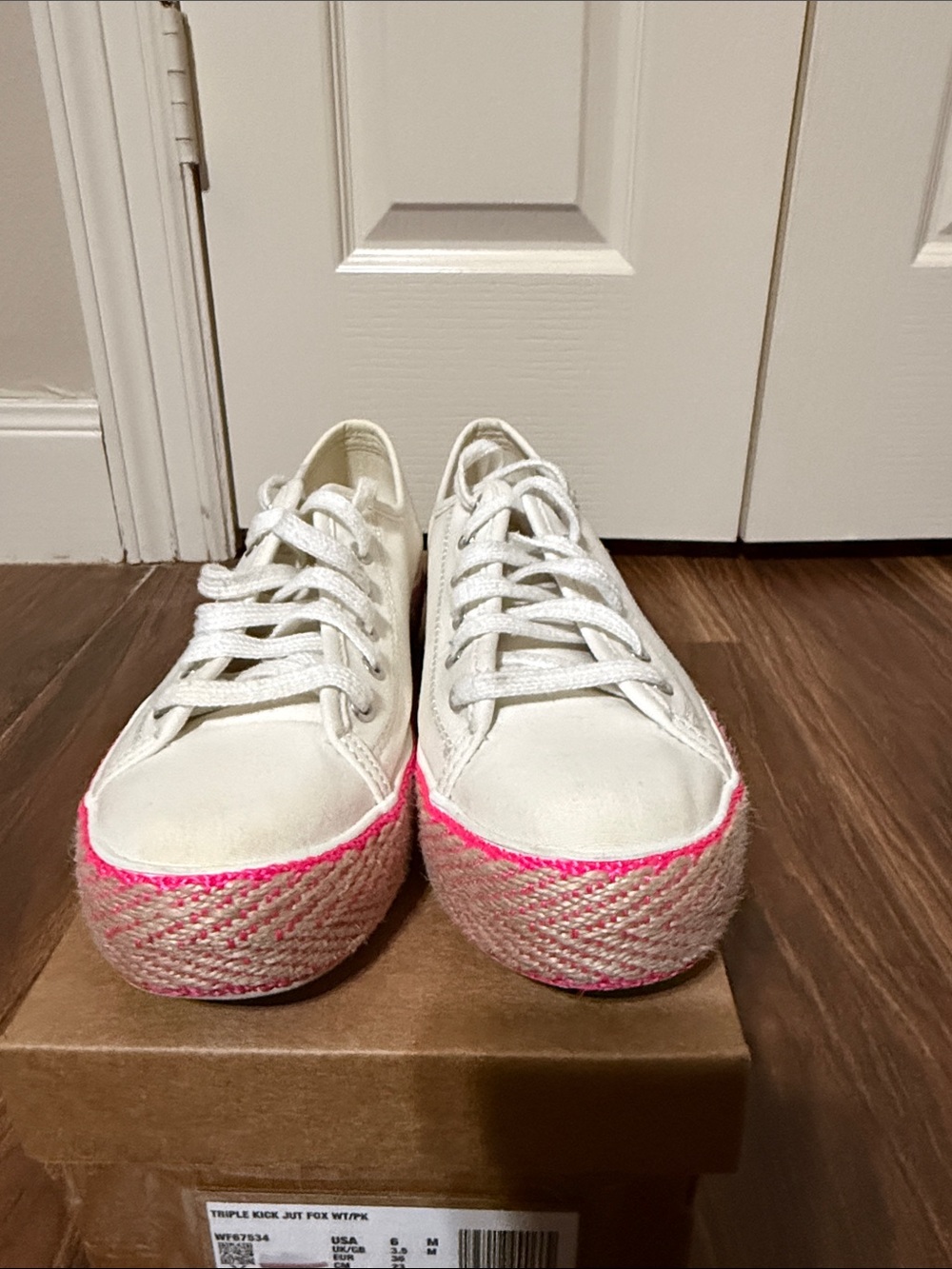 Keds White Platform Espadrilles with Bright Pink Trim